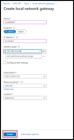 Enter subnet for Local network in Azure