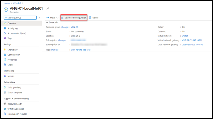 Download configuration for local router setup in Azure