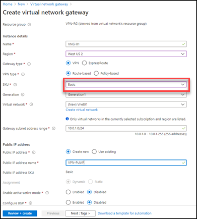 Create the Virtual Network Gateway check SKU in Azure