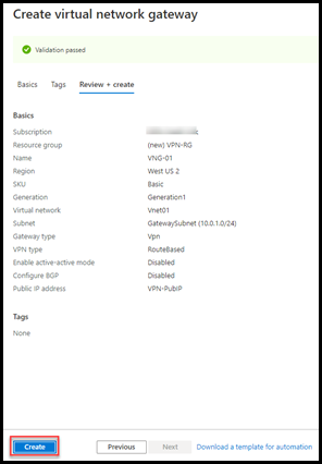 Confirm Virtual Network Gateway settings in Azure