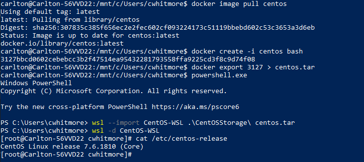 Docker commmands to install CentOS on WSL